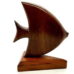 Vintage Handcarved Wood Angel Fish on Base 7" Tall